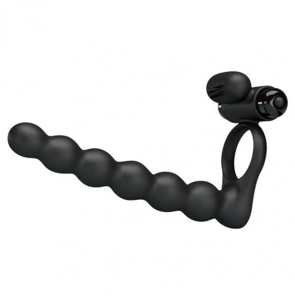 PRETTY LOVE - Male Vibrating Delay Cock Ring With Anal Beads (Battery - Black)